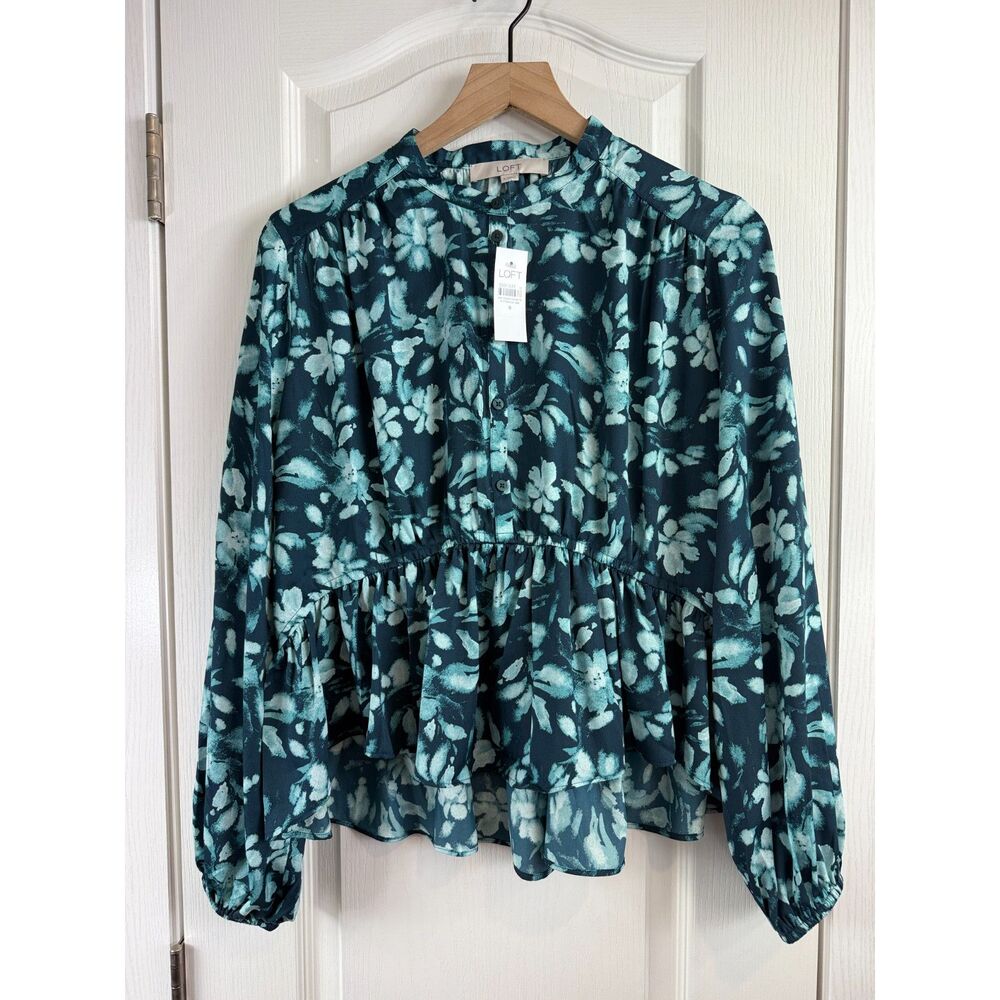 LOFT Floral Gathered Peplum Blouse Deep Forest Pine Women’s Size 8 NWT